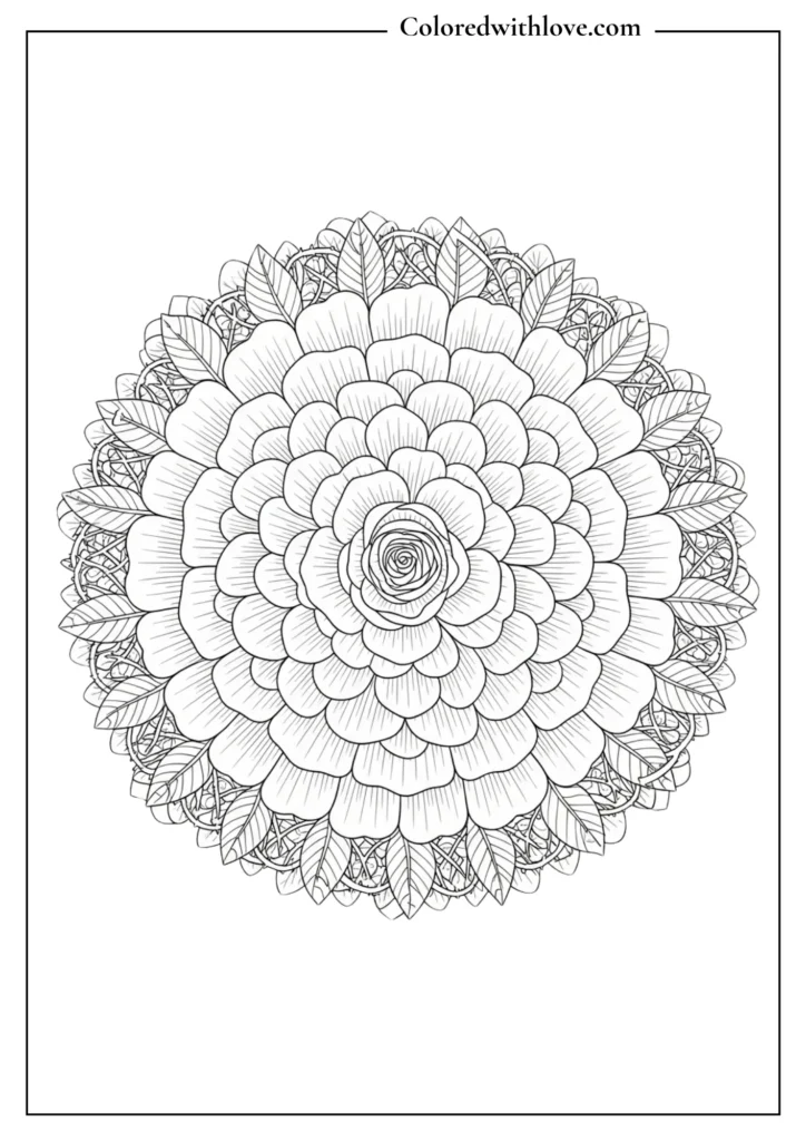 layered flower mandala coloring page with botanical elements detailed black and white design