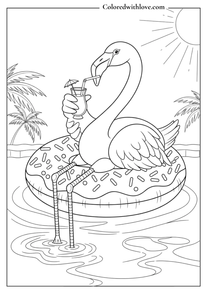 Flamingo relaxing on pool float drinking juice under the sun tropical summer coloring page