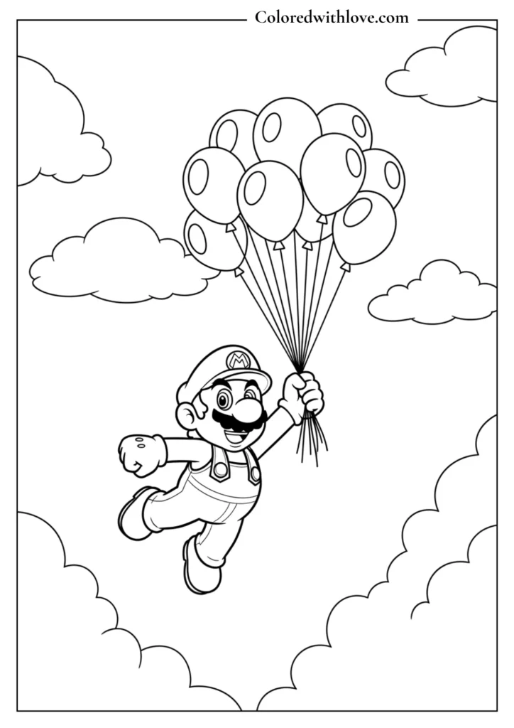 Mario flies in the sky holding balloons in this fun Super Mario coloring page