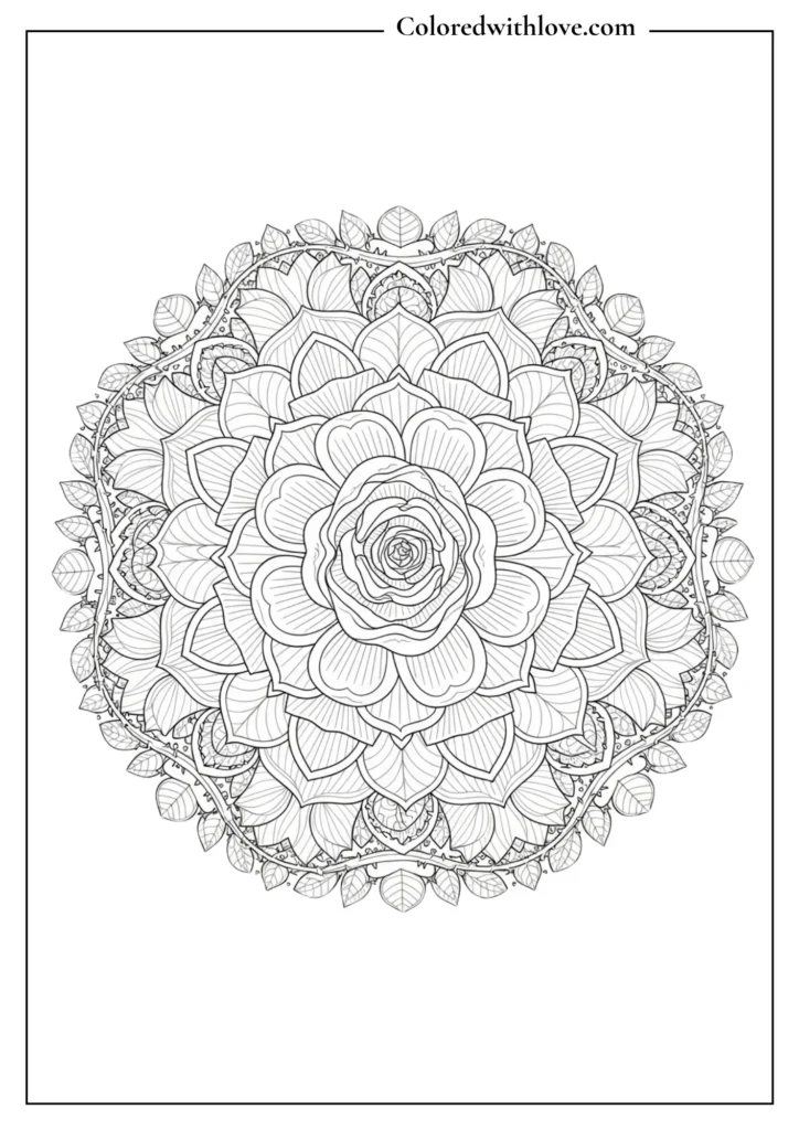 ornate floral mandala coloring page with decorative leaf border black and white