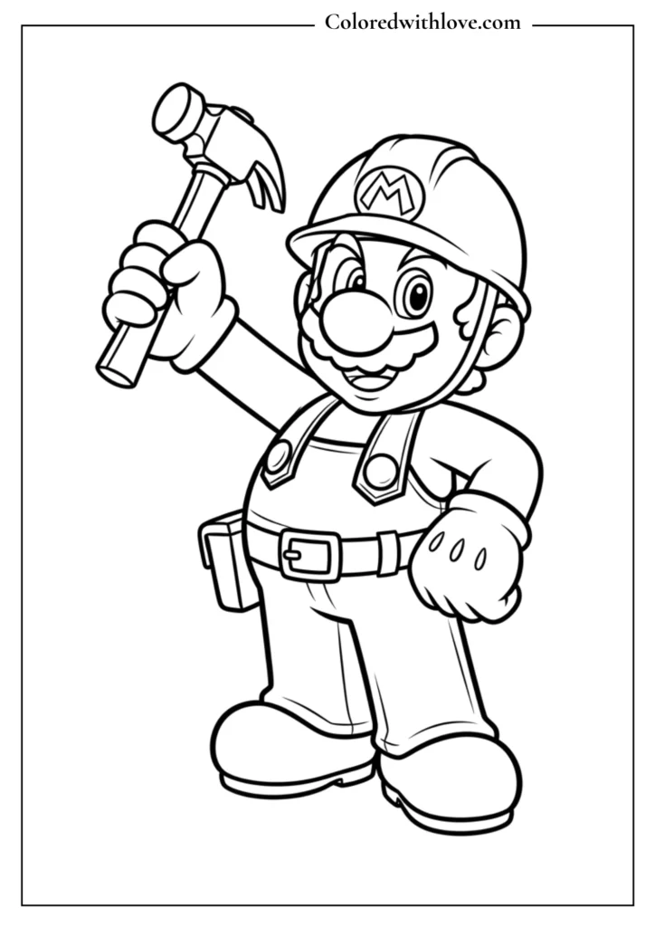Mario holds a hammer wearing a builder outfit in this Super Mario coloring page