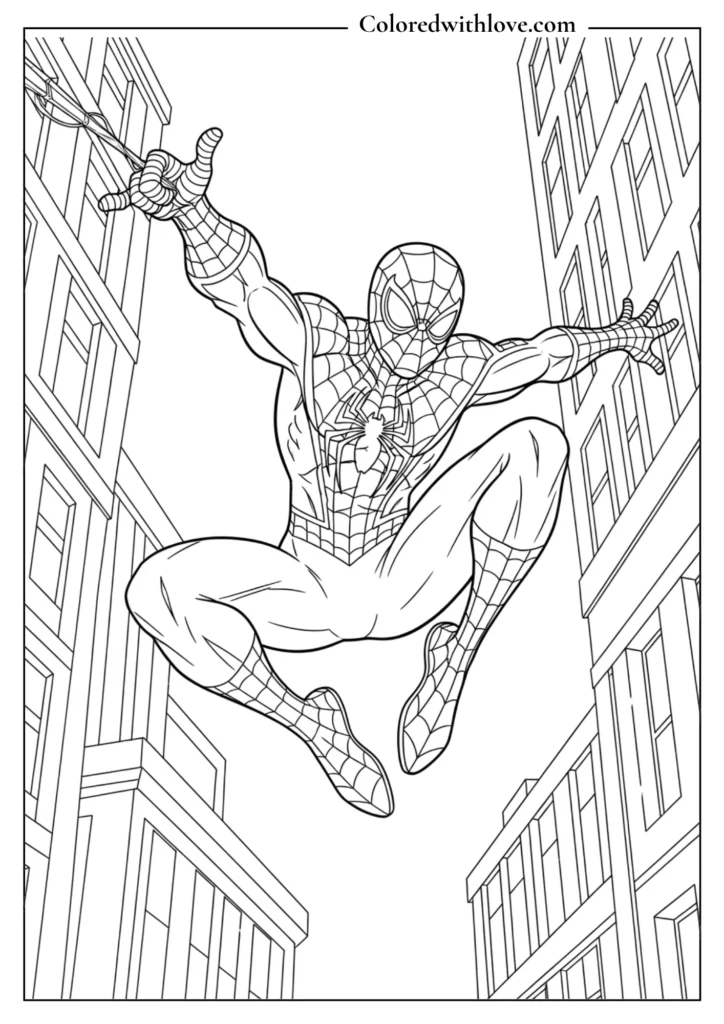 spiderman jumping between buildings web slinging coloring page printable