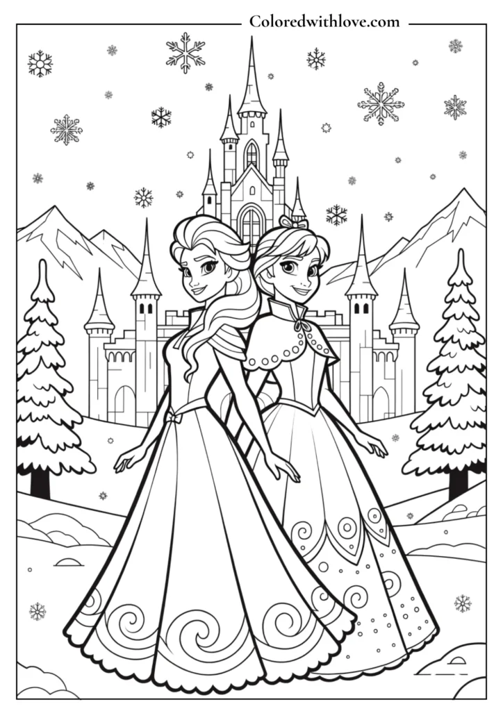 Elsa and Anna standing back-to-back with a winter castle in the background coloring page.