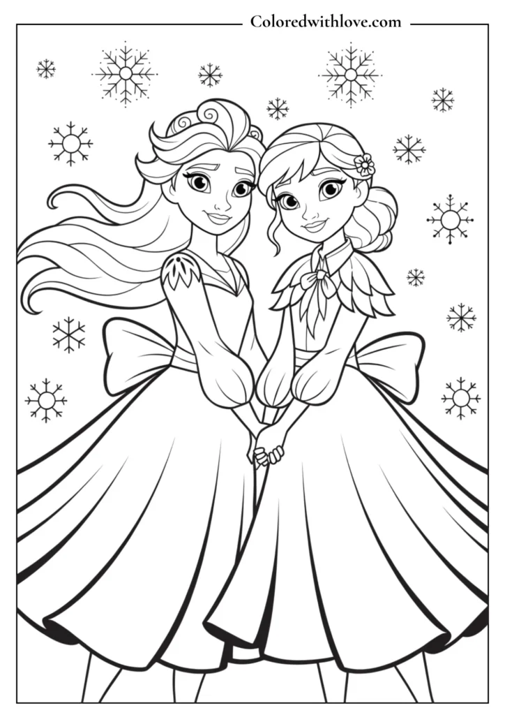 Elsa and Anna holding hands in elegant dresses, surrounded by snowflakes coloring page.