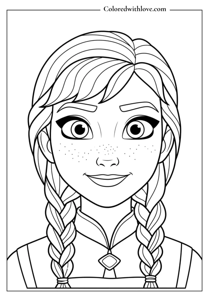 Close-up portrait of Elsa smiling, her braid decorated with snowflakes coloring page.