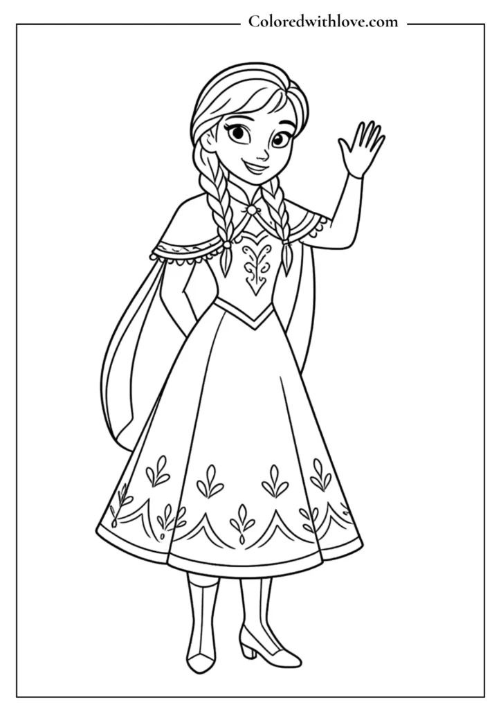 Anna standing in her classic winter outfit and waving, coloring page