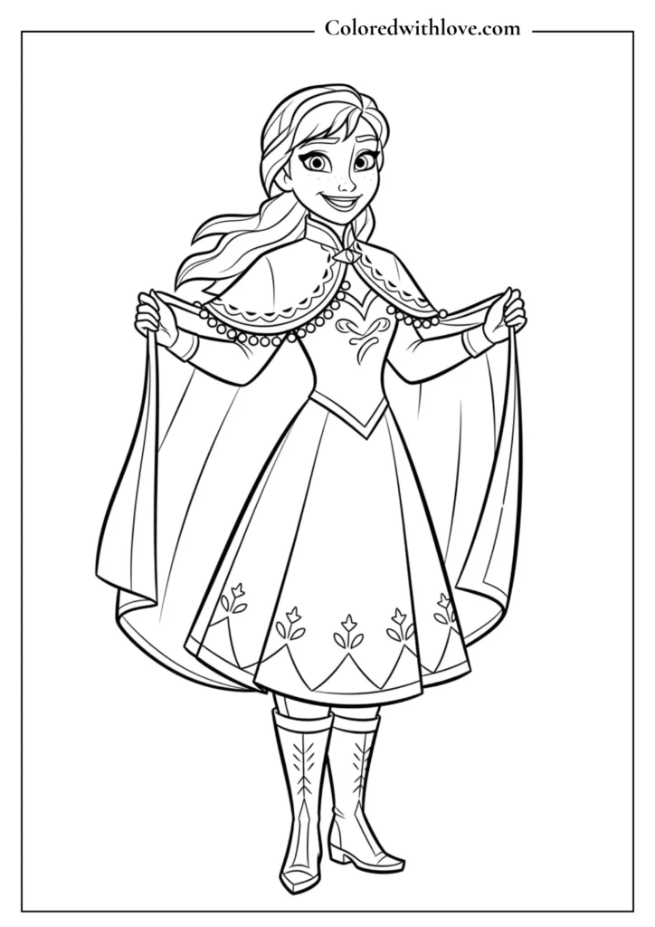 Anna smiling and playfully holding out the edges of her cape, coloring page.
