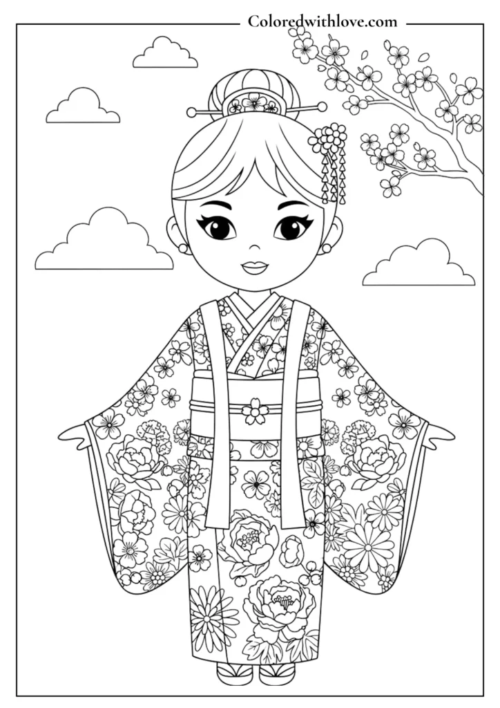 Asian princess in a kimono with floral details.