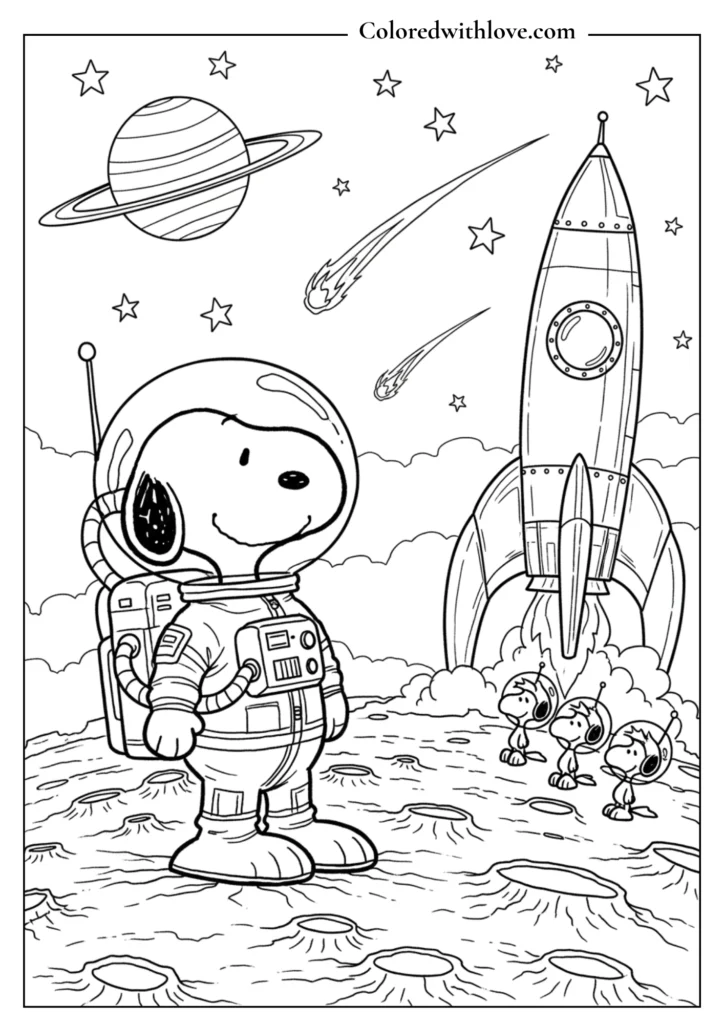 Astronaut Snoopy on the moon with a rocket ship and Woodstock coloring page