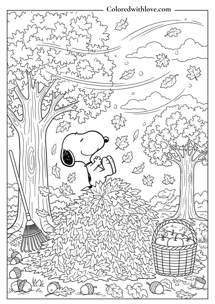 Snoopy jumping into a massive pile of autumn leaves coloring page for kids.