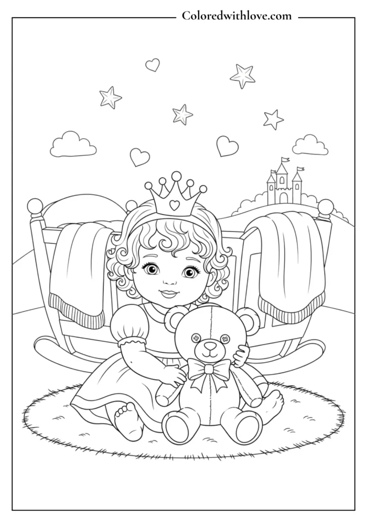 Baby princess with a teddy bear.