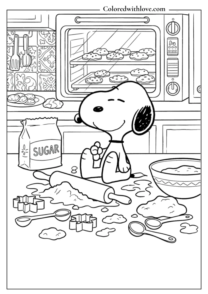 Snoopy baking chocolate chip cookies in the kitchen coloring page.