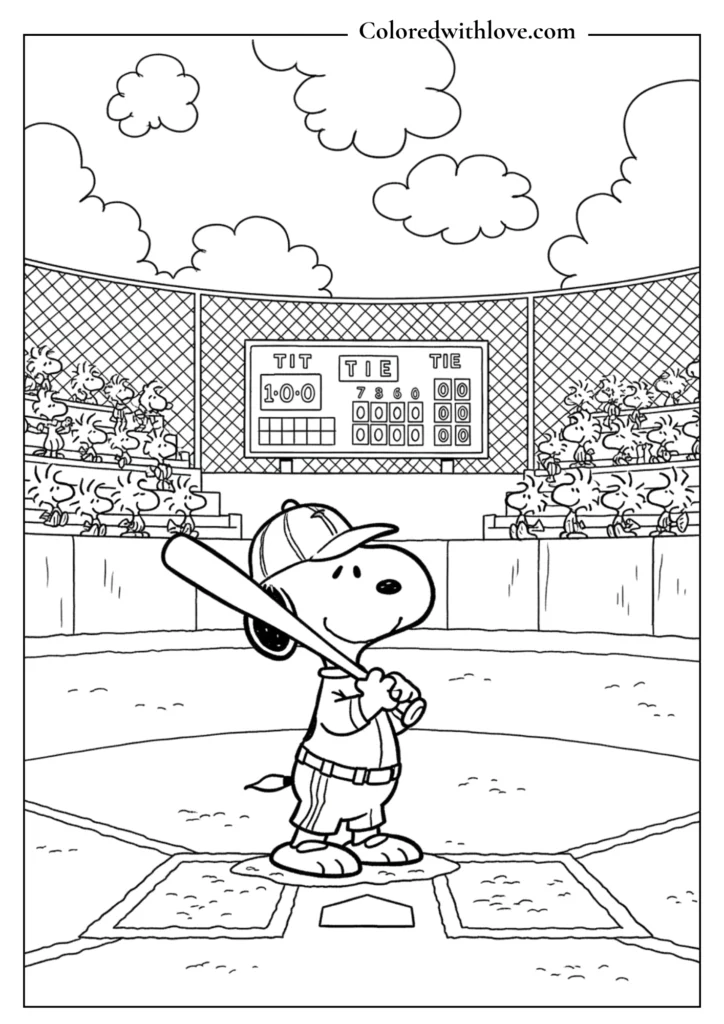 Snoopy playing baseball in a detailed stadium coloring page.