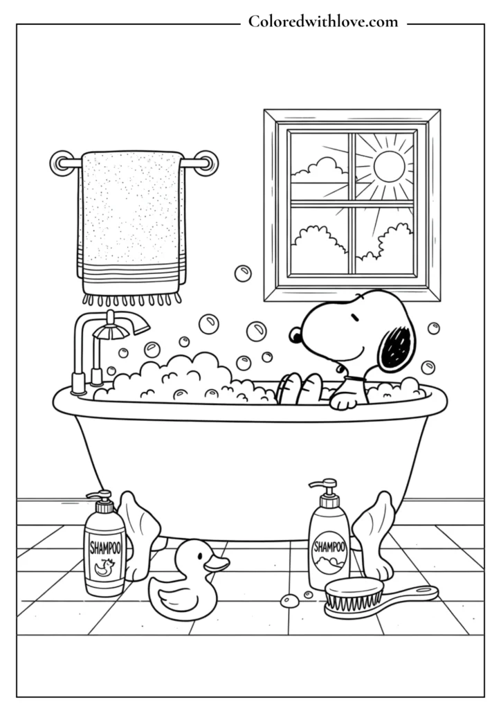  Snoopy taking a bubble bath in a vintage clawfoot tub printable coloring page.