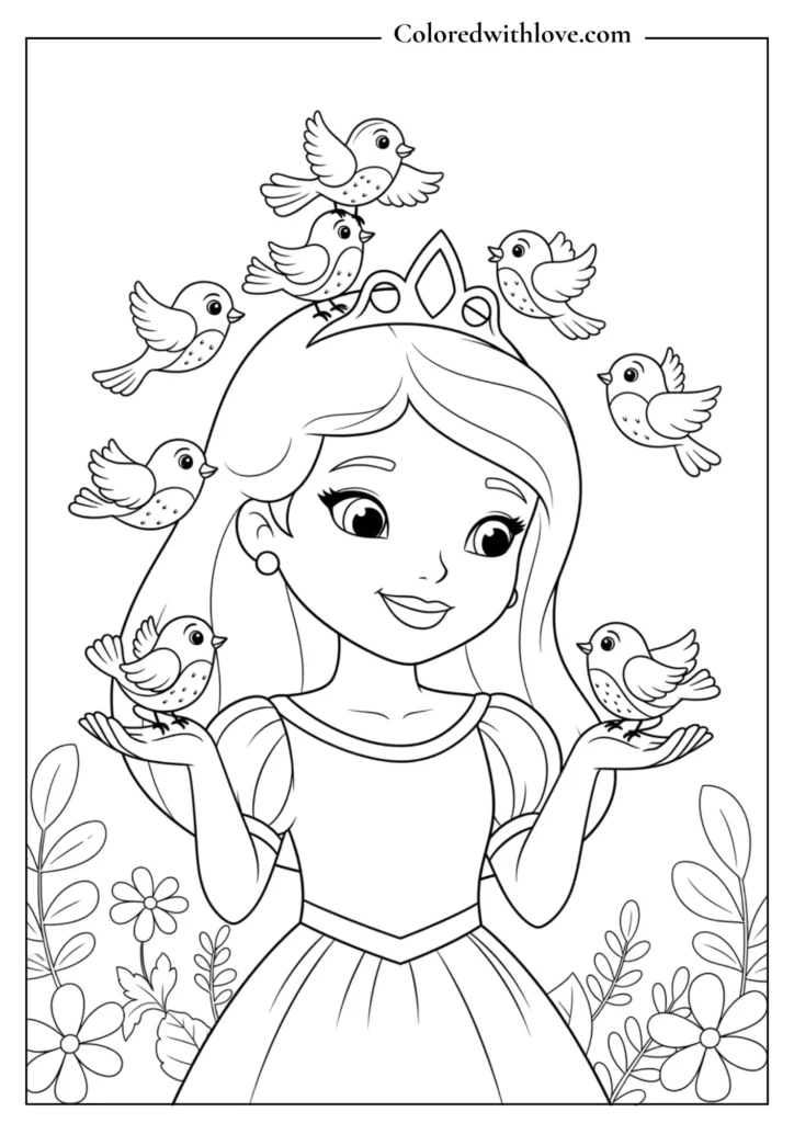 Princess surrounded by birds on her hands.