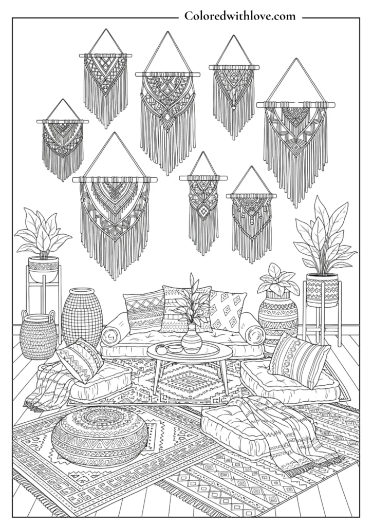 Boho living room coloring page with macrame decor and cushions