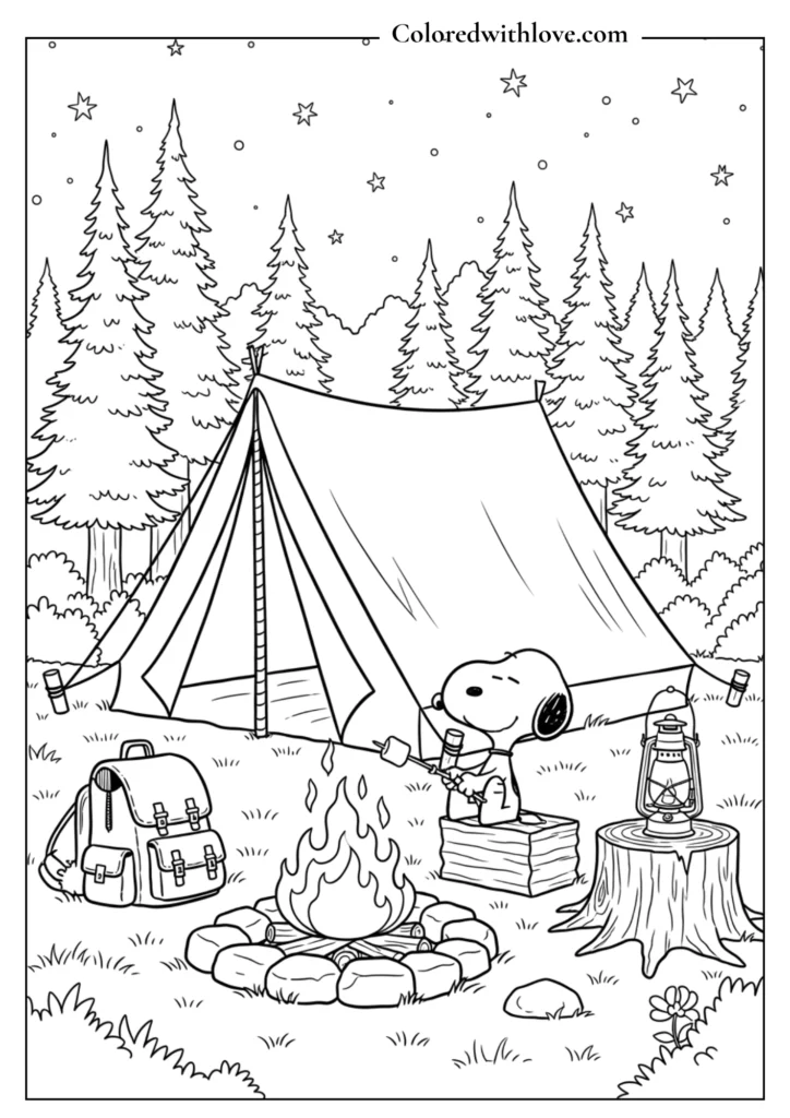  Snoopy roasting marshmallows over a campfire by a tent coloring page.