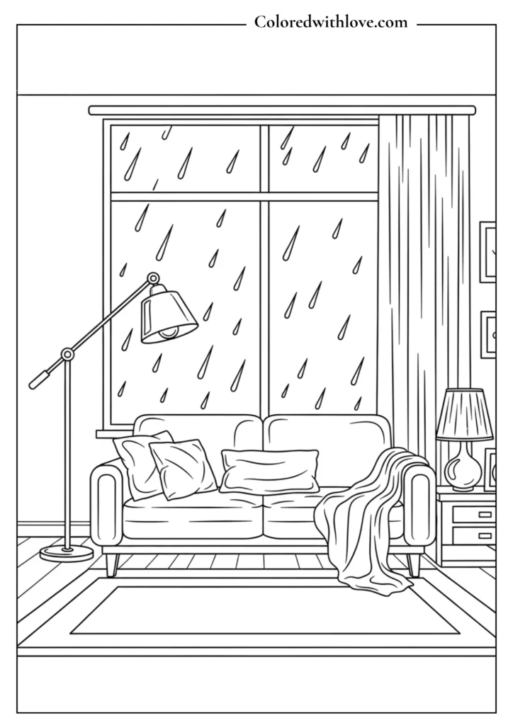 Cozy rainy day living room coloring page with sofa and large window