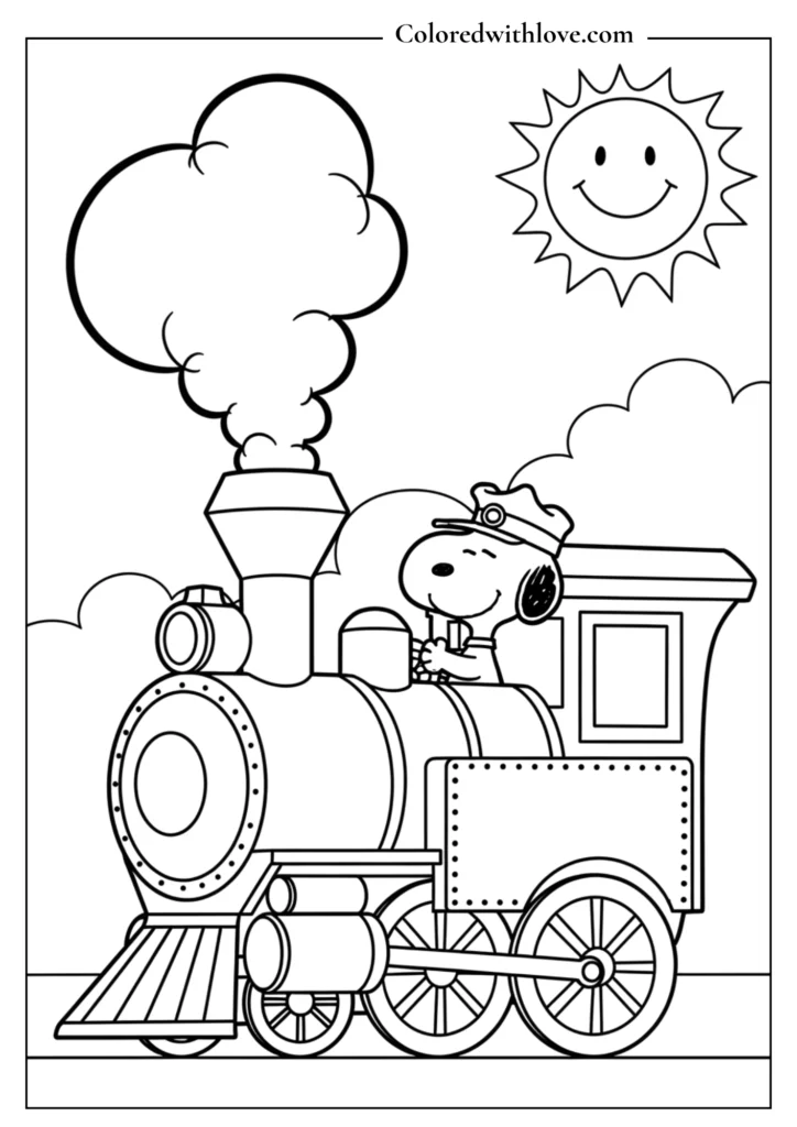  Easy printable coloring page of Snoopy driving a steam train.