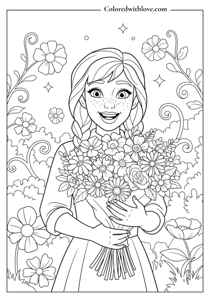 Anna smiling brightly while holding a large bouquet of blooming flowers, coloring page.