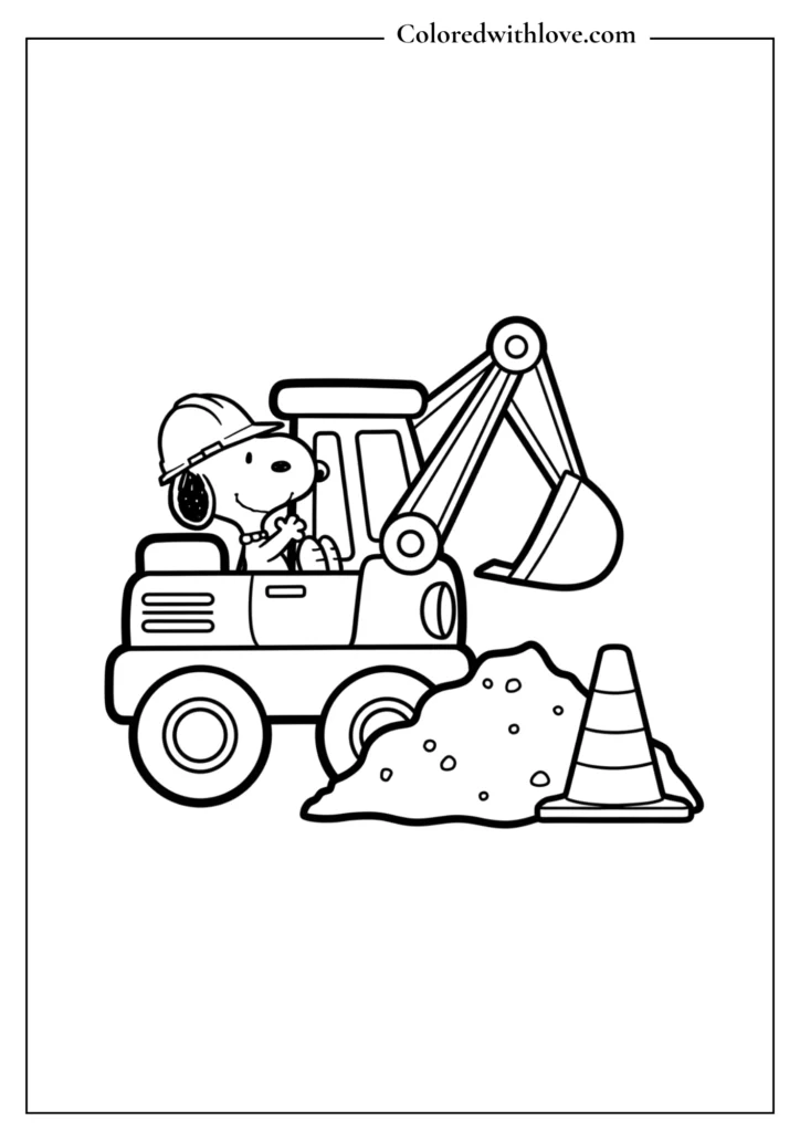 Easy coloring page of Snoopy driving a construction digger truck.