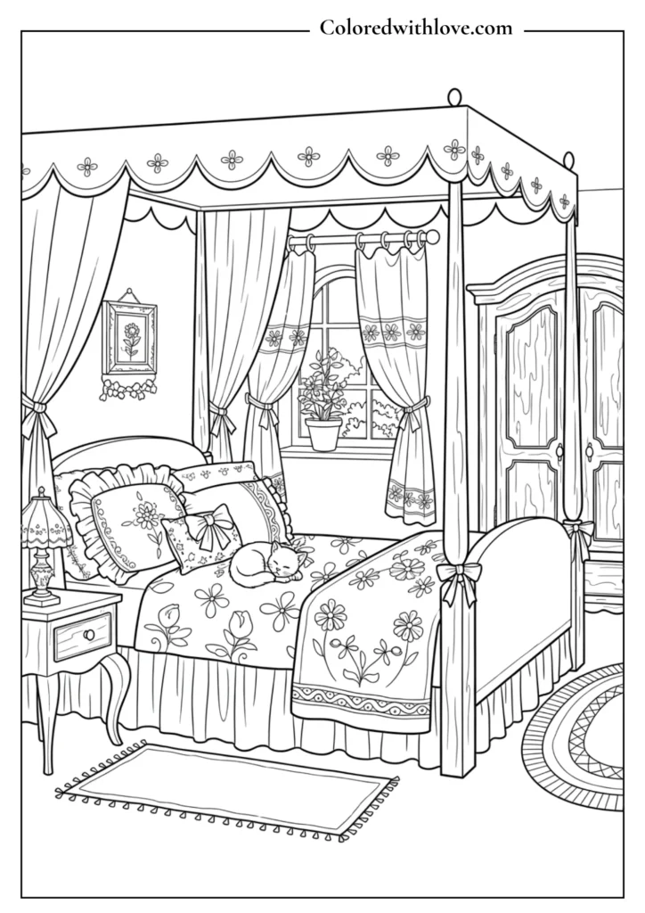 Cozy canopy bedroom coloring page with soft bedding and curtains