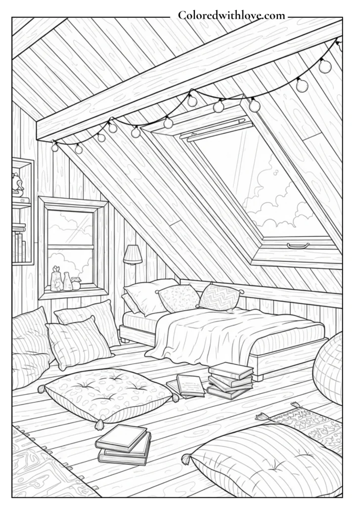 Cozy attic bedroom coloring page with skylight and floor cushions