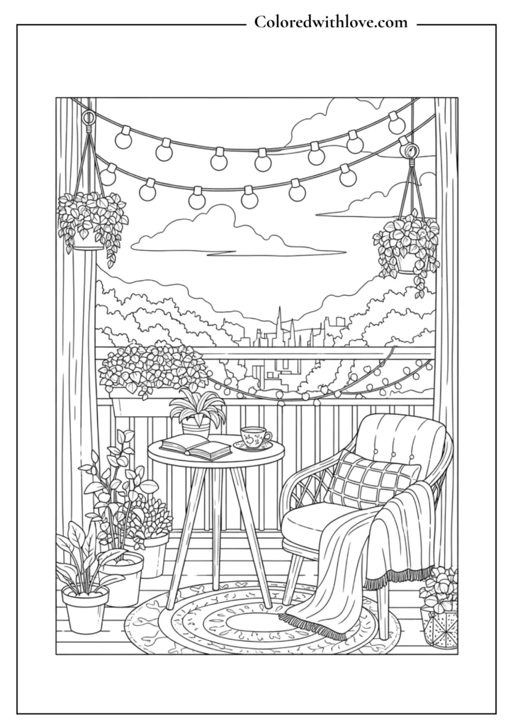 Cozy balcony coloring page with plants, chair and city view