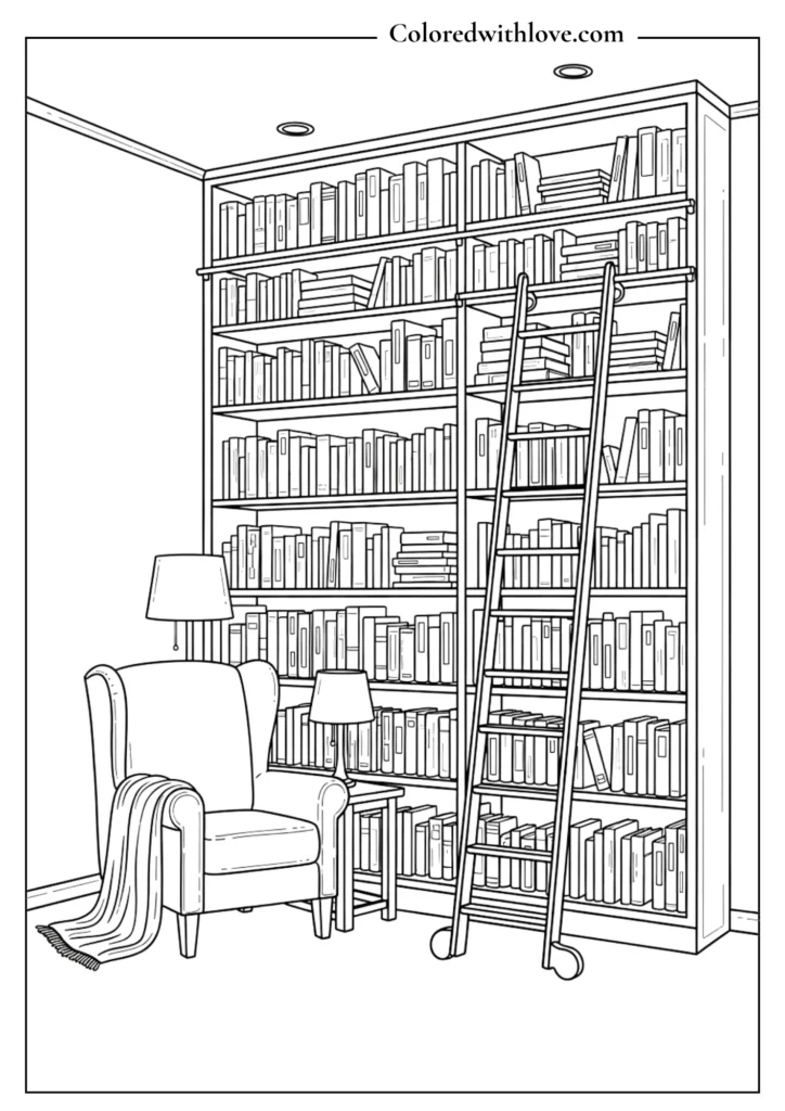 Cozy bookshelf wall coloring page with ladder and reading chair Coloring page