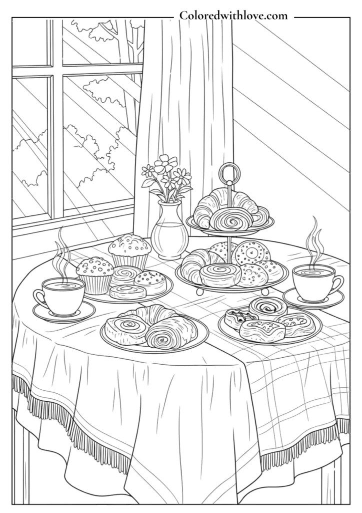 Cozy breakfast table coloring page with pastries and tea by window Coloring Page