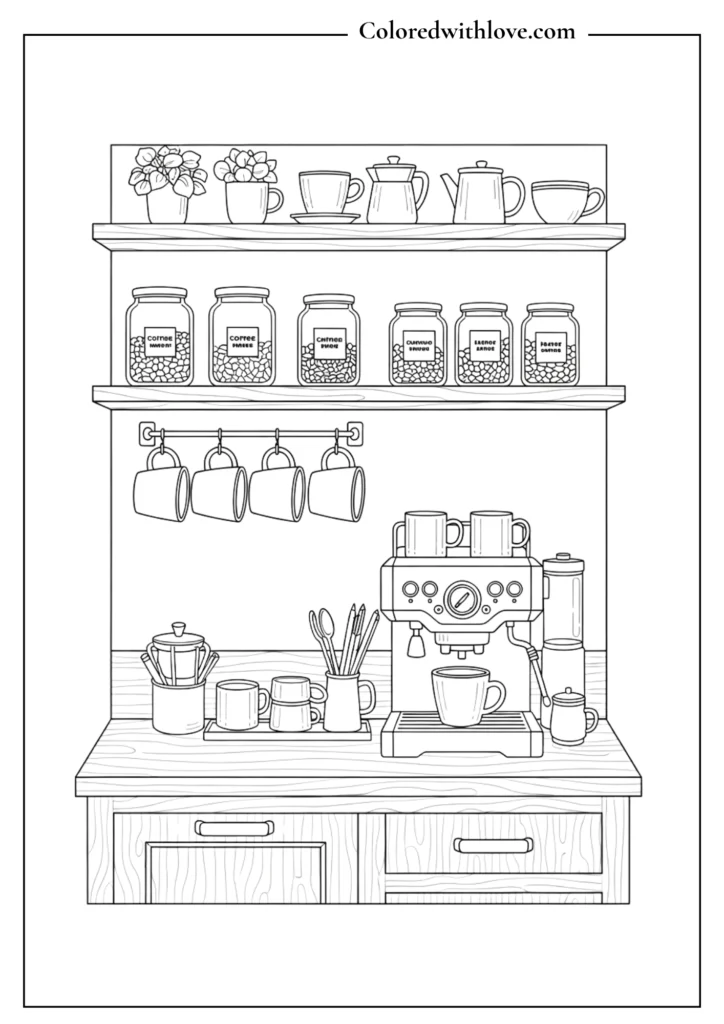 Cozy coffee corner coloring page with mugs and coffee machine
