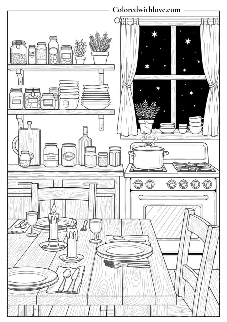 Cozy evening kitchen coloring page with candles and dinner table