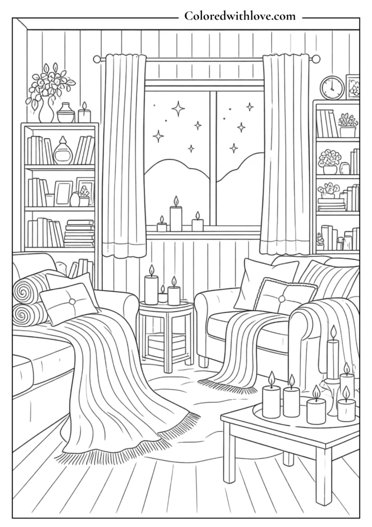Cozy evening living room coloring page with candles and blankets