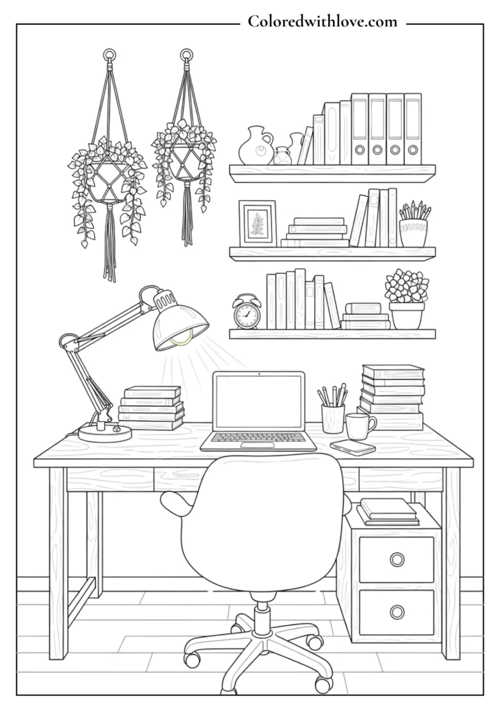 Cozy home office coloring page with desk, laptop and plants