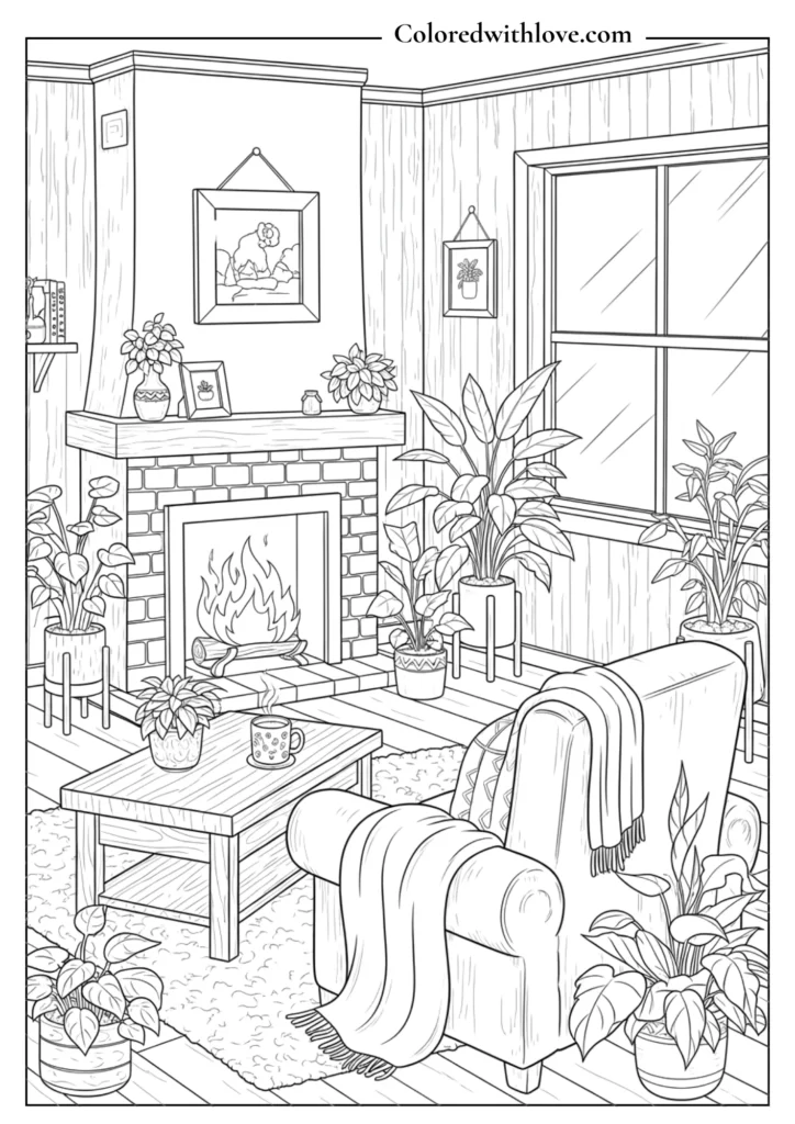 Cozy fireplace living room coloring page with plants and warm decor