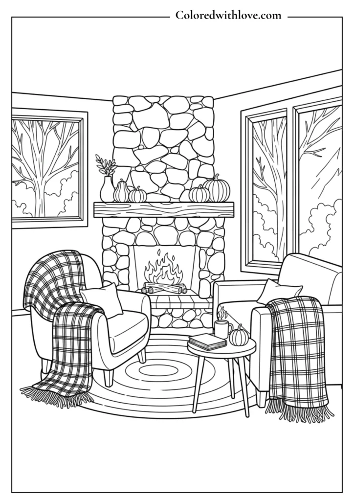 Cozy living room coloring page with plants, sofa and fireplace