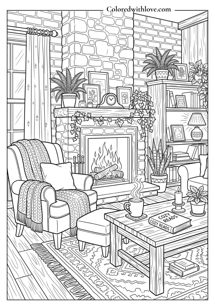 Cozy autumn living room coloring page with fireplace and blankets