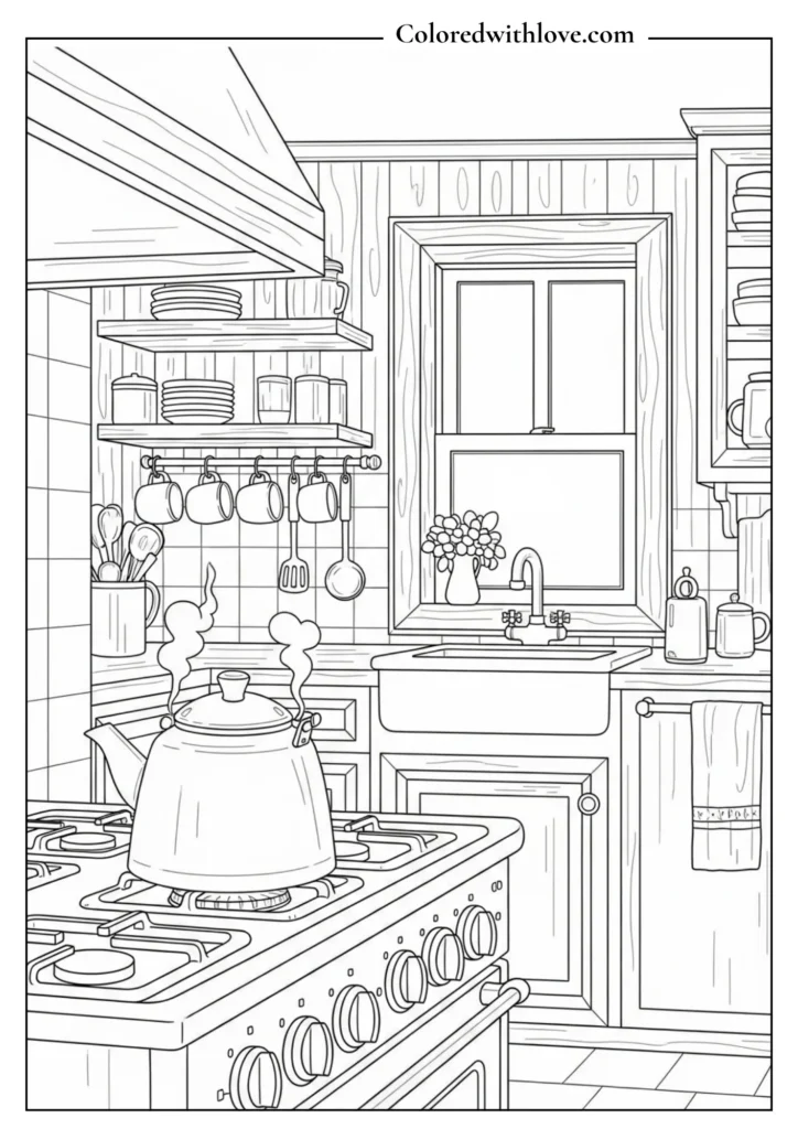 Cozy farmhouse kitchen coloring page with wooden shelves and jars