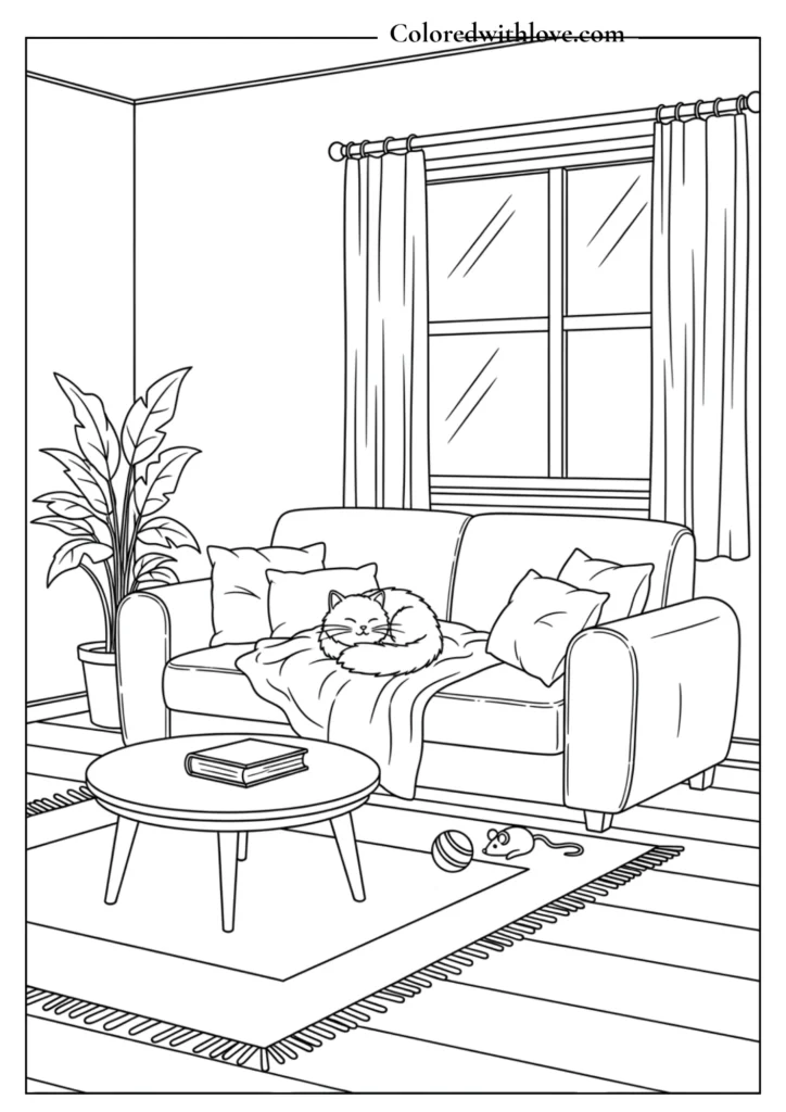 Cozy living room coloring page with sofa, cat, plants and window Coloring Page
