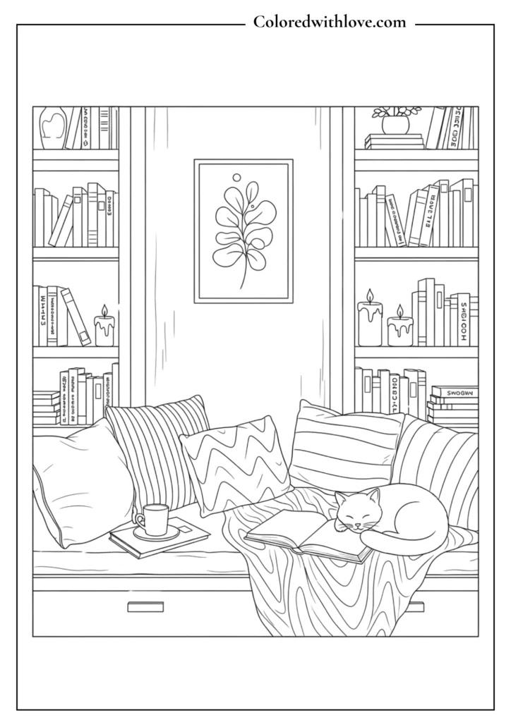 Cozy reading nook coloring page with bookshelves and sleeping cat