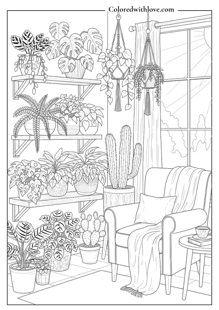 Cozy indoor plant corner coloring page with shelves and armchair