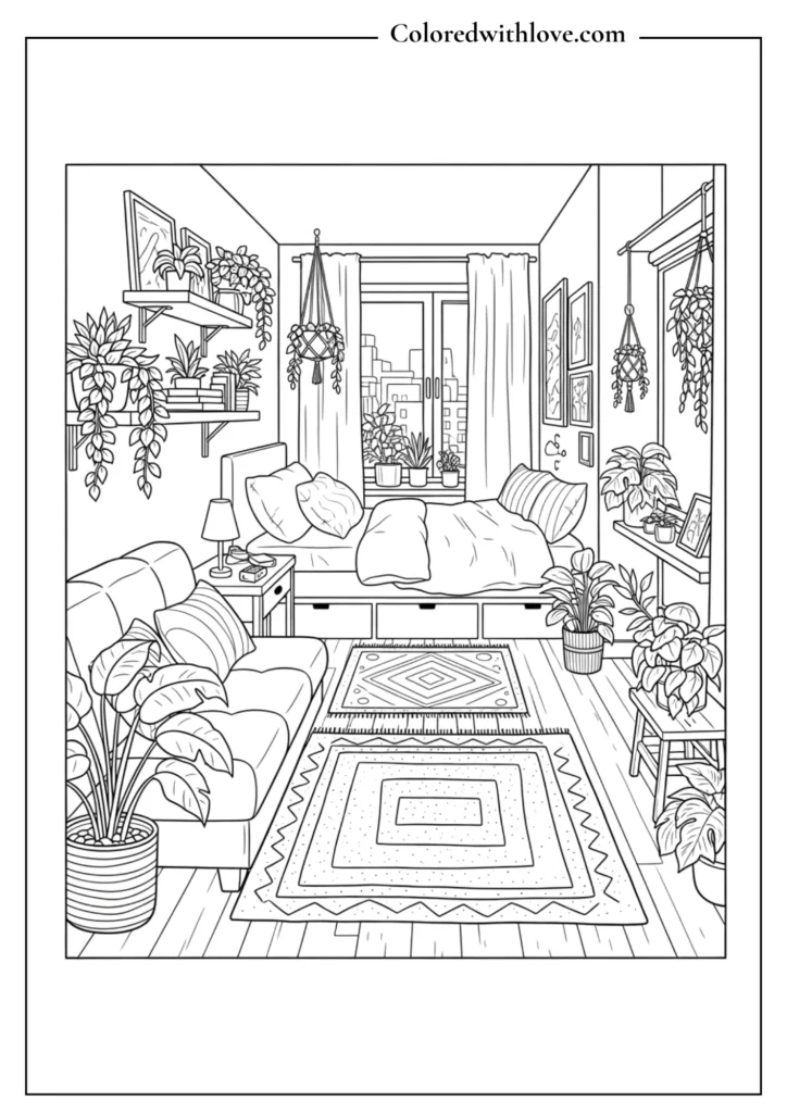 Cozy plant-filled bedroom coloring page with sofa and indoor plants