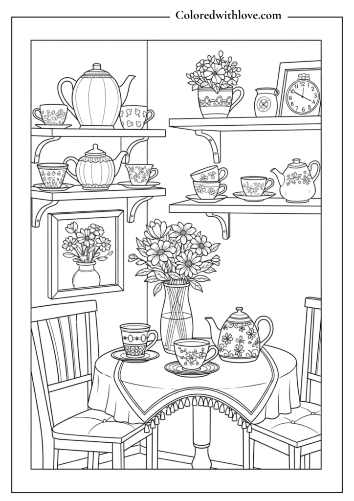 Cozy tea corner coloring page with teapots, cups and shelves