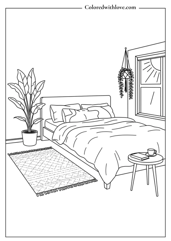 Minimalist cozy bedroom coloring page with plants and sunlight