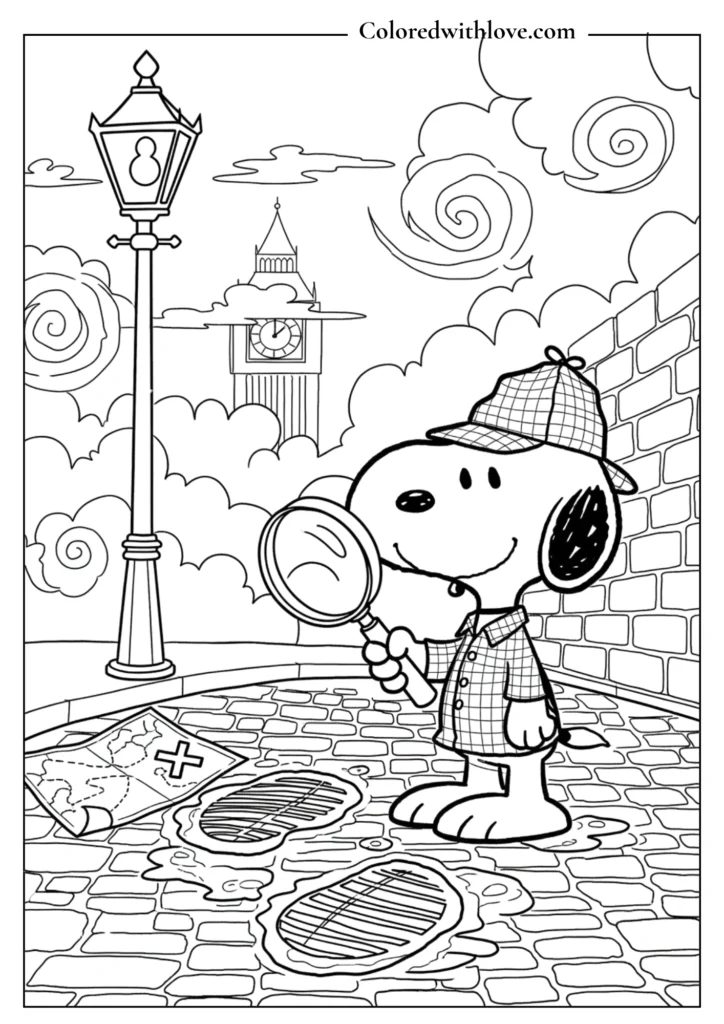 Detective Snoopy looking at giant muddy footprints with a magnifying glass coloring page.