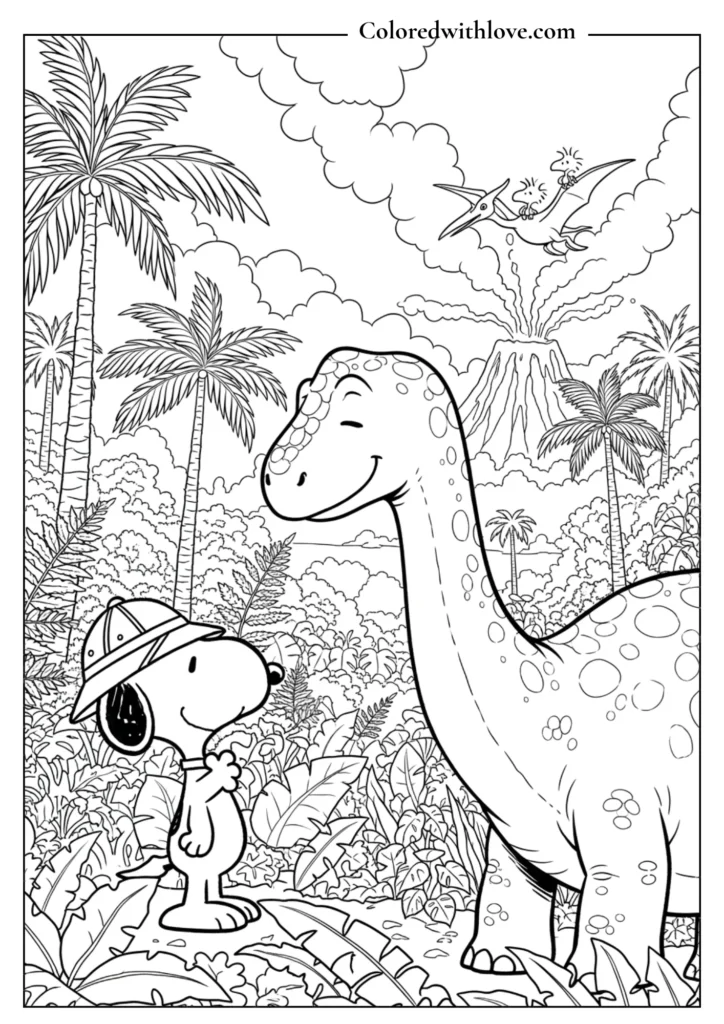 Easy toddler coloring page of Snoopy with a cute baby dinosaur.