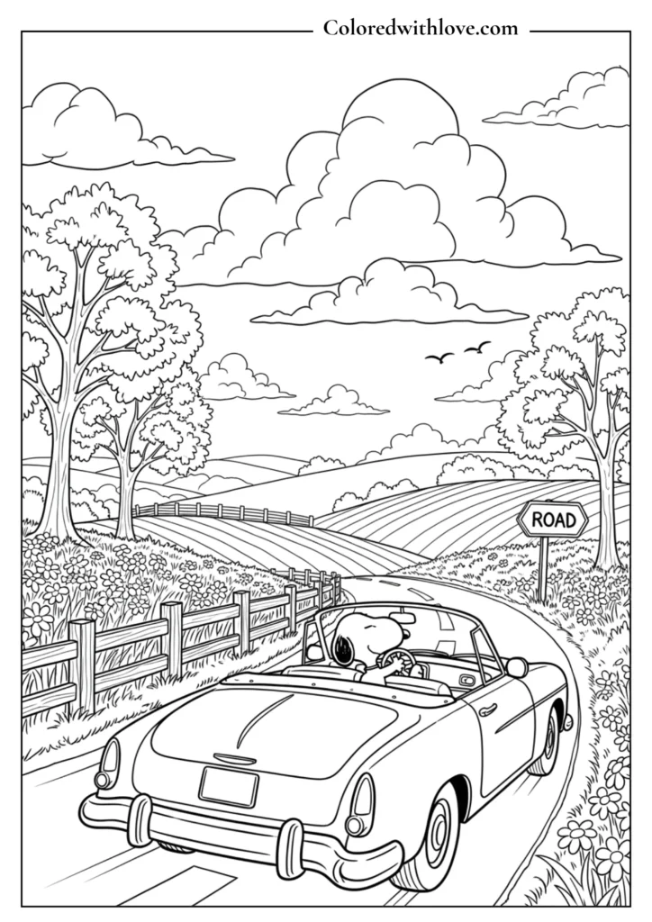 Snoopy driving a vintage convertible car down a country road coloring page.