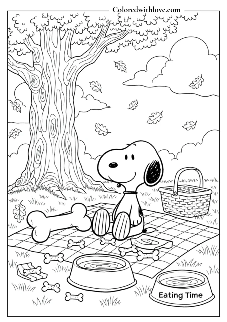 Snoopy sitting on a picnic blanket with dog treats and a big bone coloring page.