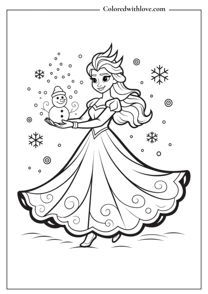 Elsa holding a tiny, smiling snowman in the palms of her hands coloring page.
