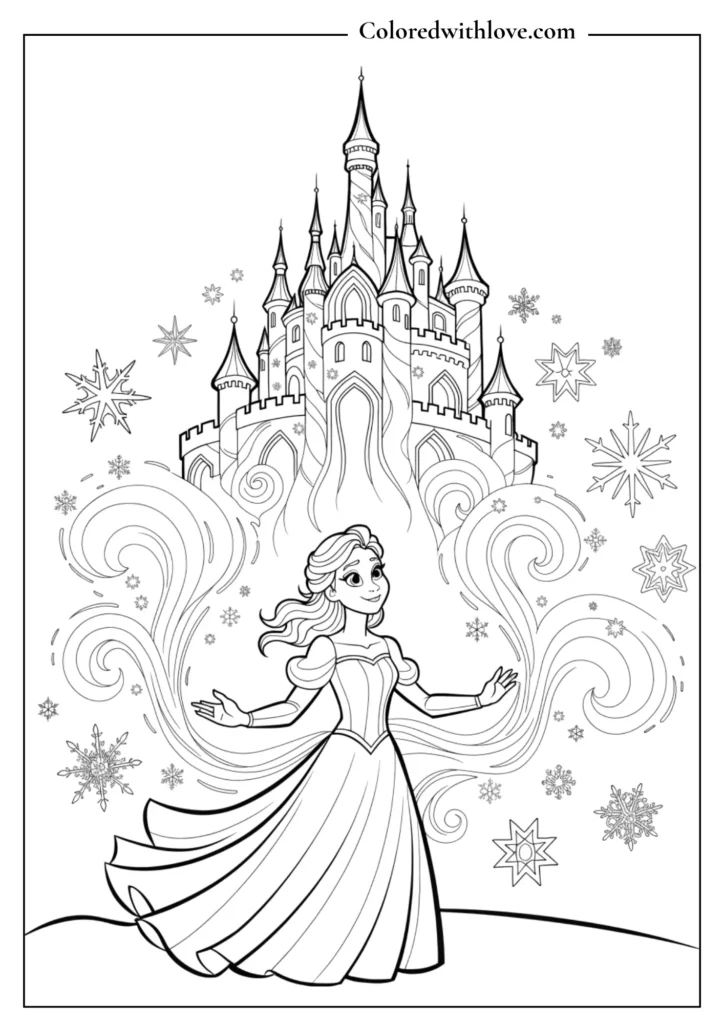 Elsa happily building a swirling, magical ice castle coloring page.